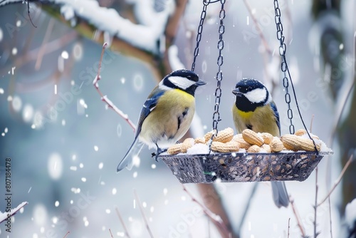 Two great tits eat from a feeder with peanuts in winter helping them survive photo
