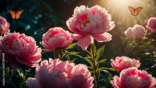 Wallpaper Mural Pink peonies in the garden with butterflies Torontodigital.ca