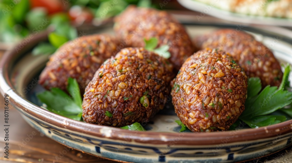 Close-up of a plate of kibbeh, a Middle Eastern dish made with spiced ground meat and bulgur wheat, fried to crispy perfection. Close-up of a plate of kibbeh, a Middle Eastern dish made with spiced ground meat and bulgur wheat, fried to crispy perfection.