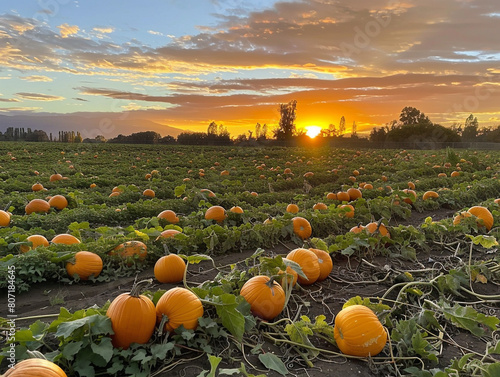 Vibrant orange pumpkins in rows under a pink and purple sunset sky, rustic and charming. photo