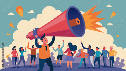A booming voice echoing alarmist statements through a colossal megaphone capturing the attention of a troubled crowd..