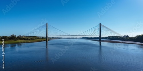 A serene river landscape with a sleek, modern cable-stayed bridge spanning across under a clear blue sky