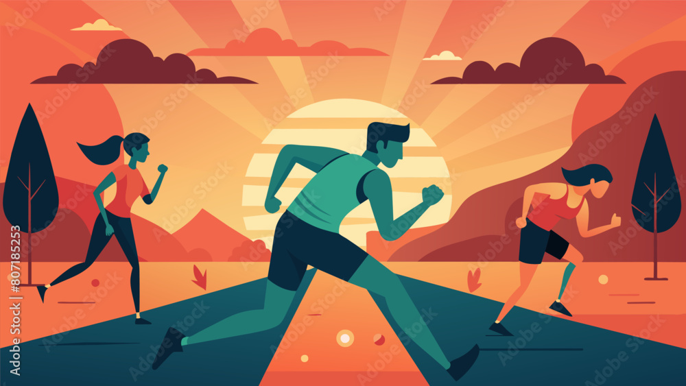 Fototapeta premium Against the backdrop of a breathtaking sunrise the runners determination is on full display as they push through the pain and fatigue focused on the. Vector illustration