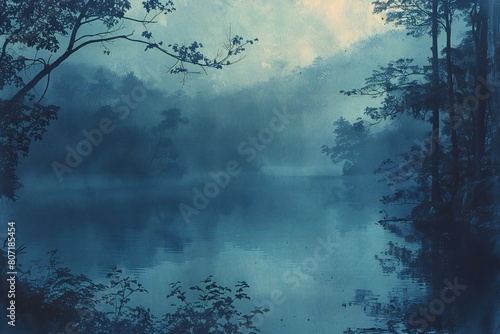 Mysterious foggy morning on the lake   Nature background