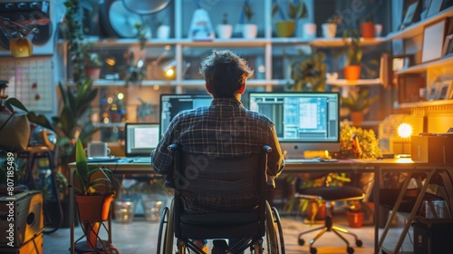 The disabled person in a wheelchair engage with their computer. working with team in office.