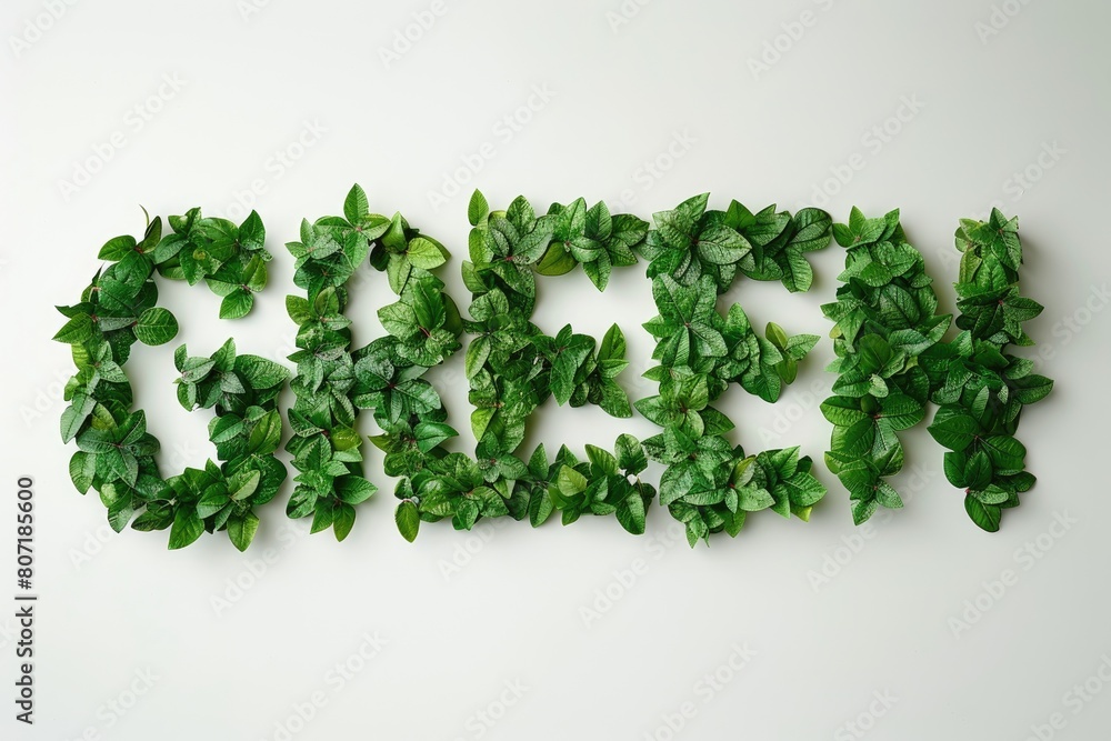 A word GREEN made of green leaves on a white background A word GREEN made of green leaves on a white background