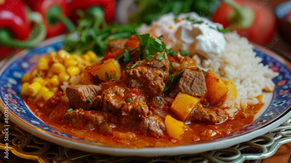 The cuisine of Bosnia and Herzegovina. Stewed meat with rice and vegetables gyuvech. The cuisine of Bosnia and Herzegovina. Stewed meat with rice and vegetables gyuvech.