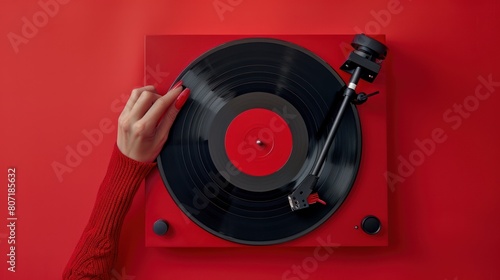 Close up female hands set up vinyl record on red background