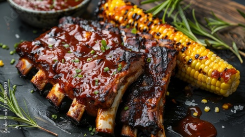 Close-up of a platter of grilled pork ribs served with barbecue sauce and grilled corn on the cob, epitomizing the comfort and joy of Southern cooking.