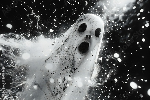 Ghost in water with splashes on black background, Halloween concept