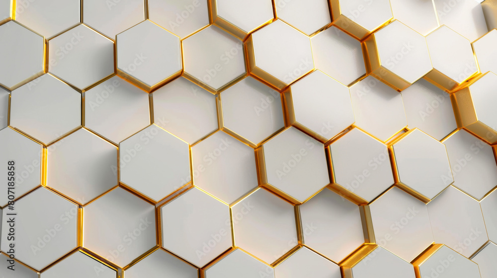 A white wall with golden hexagon tiles, creating an elegant and modern aesthetic. A white wall with golden hexagon tiles, creating an elegant and modern aesthetic.
