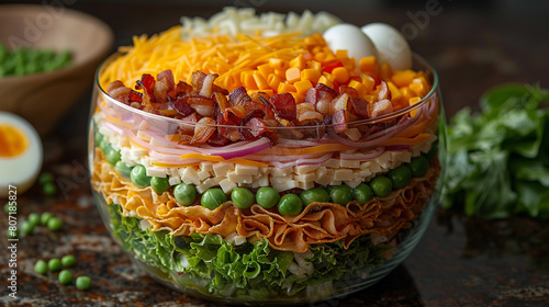 Food illustration, seven-layer salad in a clear bowl with iceberg lettuce, shredded cheddar cheese, peas, chopped red onion, bacon bits, hard-boiled egg, and hot dressing.