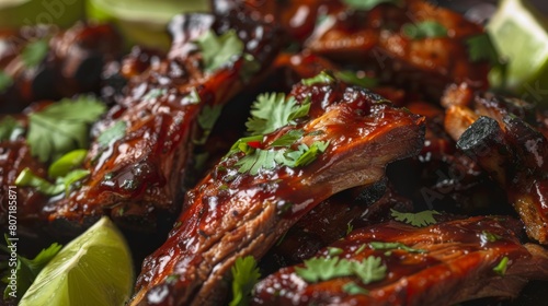 Close-up of a platter of sticky glazed pork ribs garnished with fresh herbs and lime wedges  tempting the palate with sweet and tangy flavors.