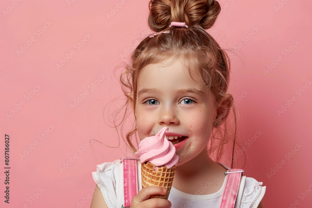 Beautiful little girl eating ice cream in waffle cone on pink background with copy space Beautiful little girl eating ice cream in waffle cone on pink background with copy space