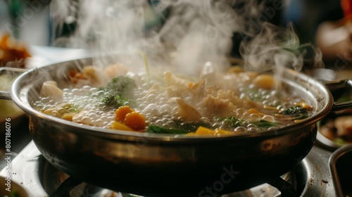 Close-up of a pot filled with simmering broth and assorted ingredients, steam rising gracefully, evoking the aroma and warmth of a hot pot meal.