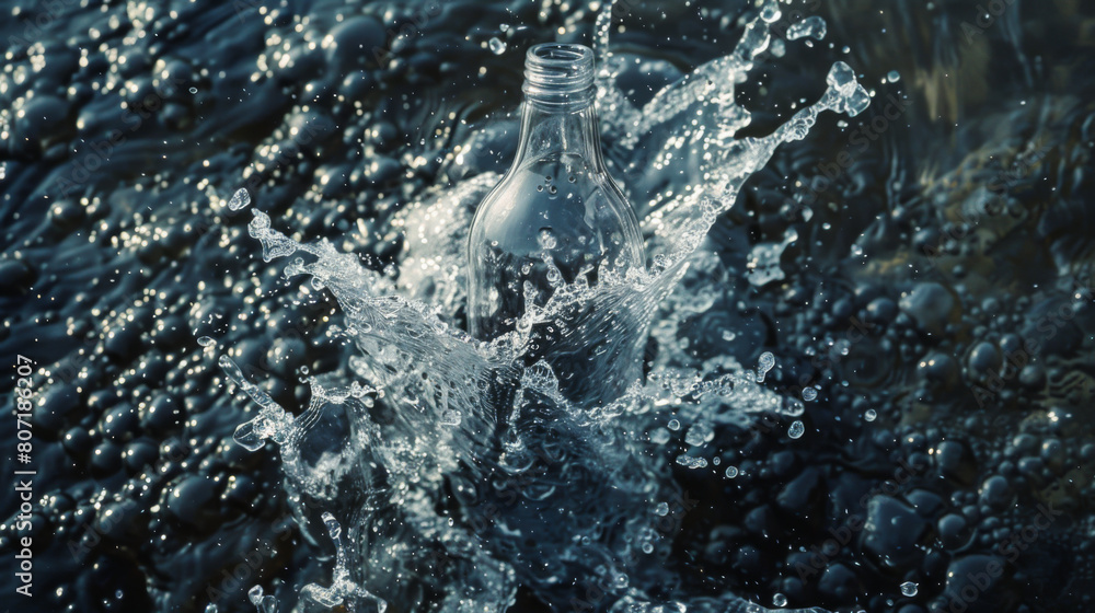 Top shot of closed transparent bottle splashes and sinks into water