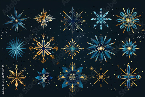 A collection of snowflakes in various shades of blue and gold.