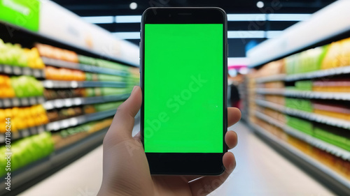 hand holds smartphone with a green screen chroma key blank in a supermarket aisle, providing prime example of how technology intersects with everyday shopping. Background filled with grocery items