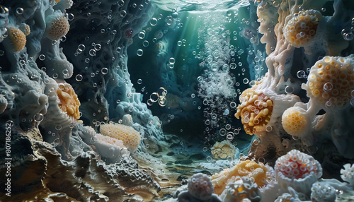 An alien underwater world with strange and beautiful coral formations. The water is crystal clear.