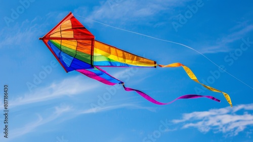 Close-up of a rainbow-colored kite flying high in the sky, with its tail streaming behind, illustrating the simple joy of outdoor recreation.