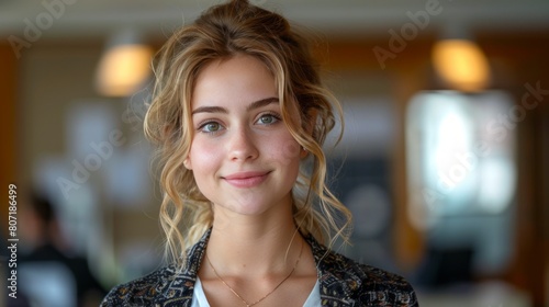 portrait of a woman blonde with smilling blur office background