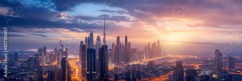 A panoramic skyline of Dubai with towering skyscrapers and roads illuminated at twilight exudes luxury and innovation