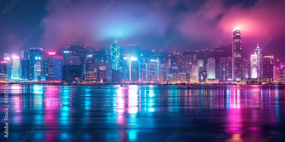 The iconic Hong Kong harbor with neon lit skyscrapers glistening in the water creates a cyberpunk vista