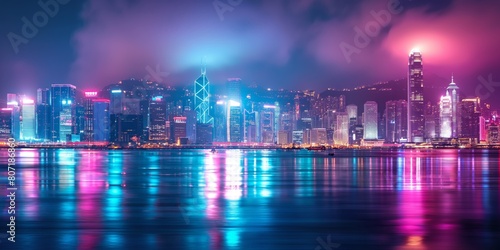 The iconic Hong Kong harbor with neon lit skyscrapers glistening in the water creates a cyberpunk vista © gunzexx png and bg