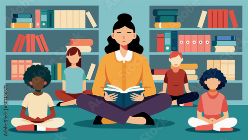 In the quiet reading room a librarian leads a calming meditation session for students feeling overwhelmed or stressed during exams.. Vector illustration