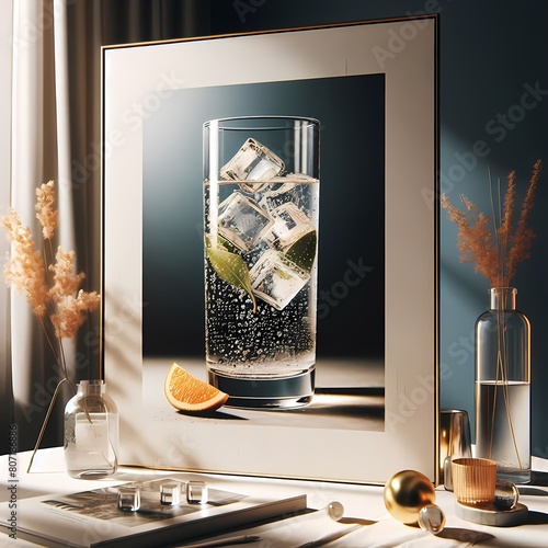 a glass of sparkling water on a table  photo