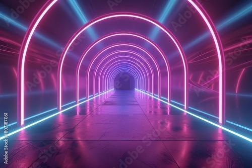 Futuristic corridor with glowing neon lines leading through an abstract space technology tunnel, creating a captivating 3D render