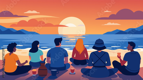 As the sun sets over the ocean a group of friends gather on the beach for a poetry session that rejuvenates both their minds and bodies.. Vector illustration