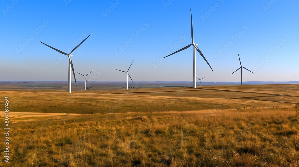 Wind Turbines in Grassy Fields, To convey a modern and sustainable approach to energy production, set against the beauty of a sunny, grassy hillside Wind Turbines in Grassy Fields, To convey a modern and sustainable approach to energy production, set against the beauty of a sunny, grassy hillside
