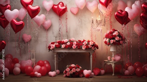 Valentine's day background with red heart-shaped balloons and wooden bench