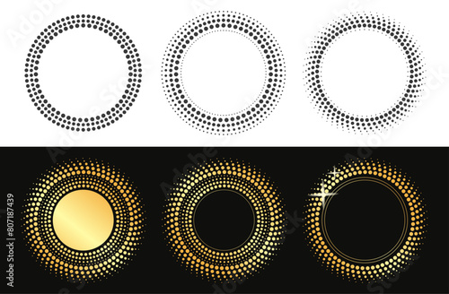 Dotted halftone golden circle and black white round modern dots design frame graphic illustration set, abstract decoration pattern element half tone background image clip art cut out