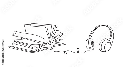 Book with headphones continuous line drawing. Audio reading linear concept. Audiobook symbol. Vector illustration isolated on white.