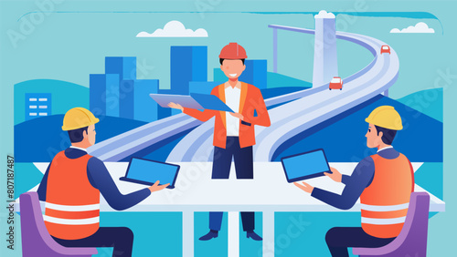 In a conference room engineers present a detailed 3D model of a new highway interchange on a tablet using it to highlight key features and explain the. Vector illustration