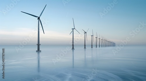Wind Turbines in Winter Ocean, To showcase the power and potential of renewable energy, specifically wind energy, in a visually striking and modern