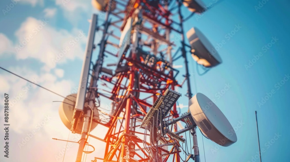 Close-up of a signal tower with antennas and satellite dishes, enabling wireless communication and data transmission for modern society. Close-up of a signal tower with antennas and satellite dishes, enabling wireless communication and data transmission for modern society.