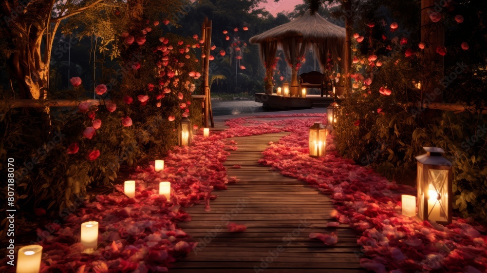 Wooden bridge in the garden decorated with red rose petals.