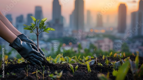 People's hands are wearing gloves on both hands, planting trees to add oxygen to the world. With city view and sunset in the background, save the world concept. photo
