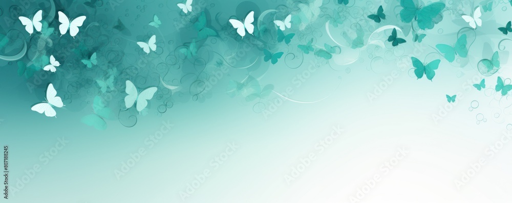 Turquoise plain background with minimalistic pastel butterfly pixel swirl border with copy space texture for display products blank copyspace for design text photo