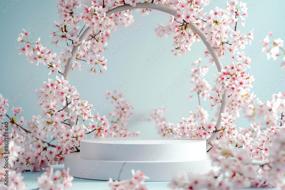 Stylish podium surrounded by a halo of delicate cherry blossoms, providing a peaceful and inspiring background with copy space Stylish podium surrounded by a halo of delicate cherry blossoms, providing a peaceful and inspiring background with copy space