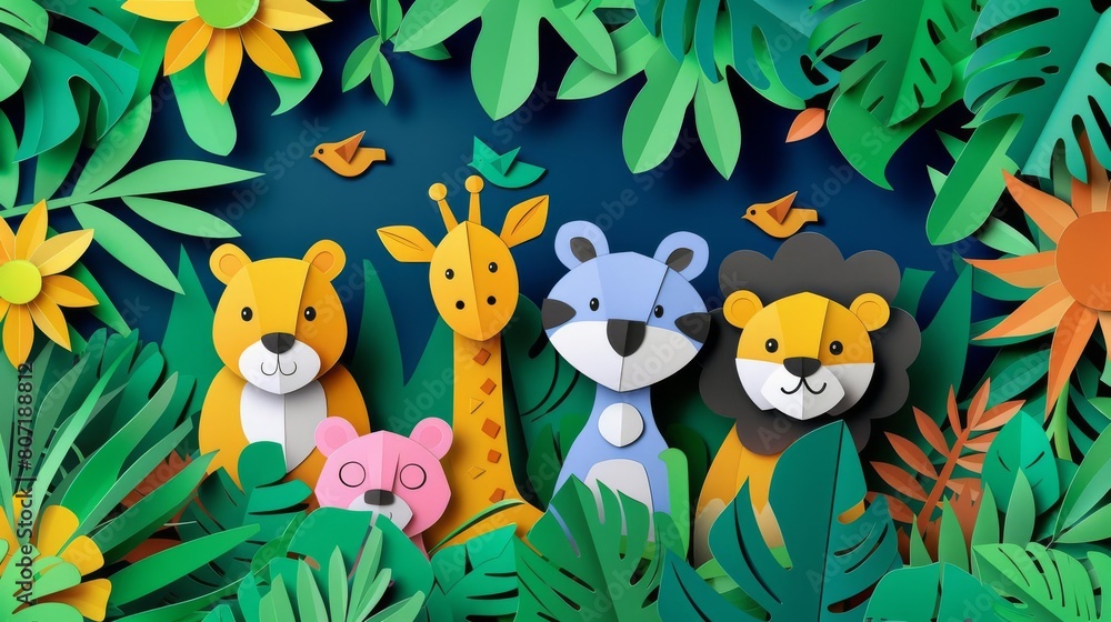 Fototapeta premium Playful paper craft pattern of animals in a jungle setting, crafted with vibrant colors and a flat design, great for childrens themes with copy space