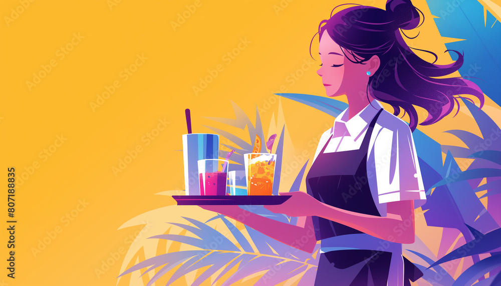 A waitress gracefully carries a tray adorned with an array of beverages, each glass glistening in the soft light A waitress gracefully carries a tray adorned with an array of beverages, each glass glistening in the soft light