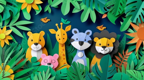 Playful paper craft pattern of animals in a jungle setting, crafted with vibrant colors and a flat design, great for childrens themes with copy space