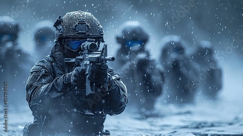 United States soldiers in action during war in the rain.