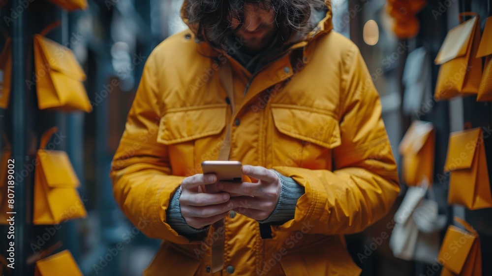 Man in Yellow Jacket Looking at Cell Phone
