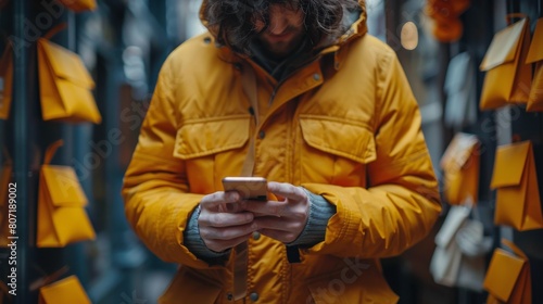 Man in Yellow Jacket Looking at Cell Phone