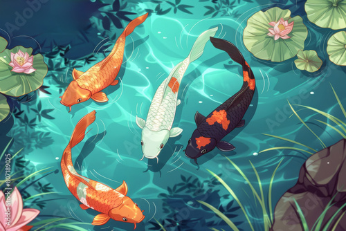 Koi fishes in water of pond in Japanese garden. Summer background, realistic illustration with colorful carp koi fishes photo